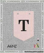 A taped needlepoint canvas with the design: Banner 13 mesh count Pointed T Black on Pink.