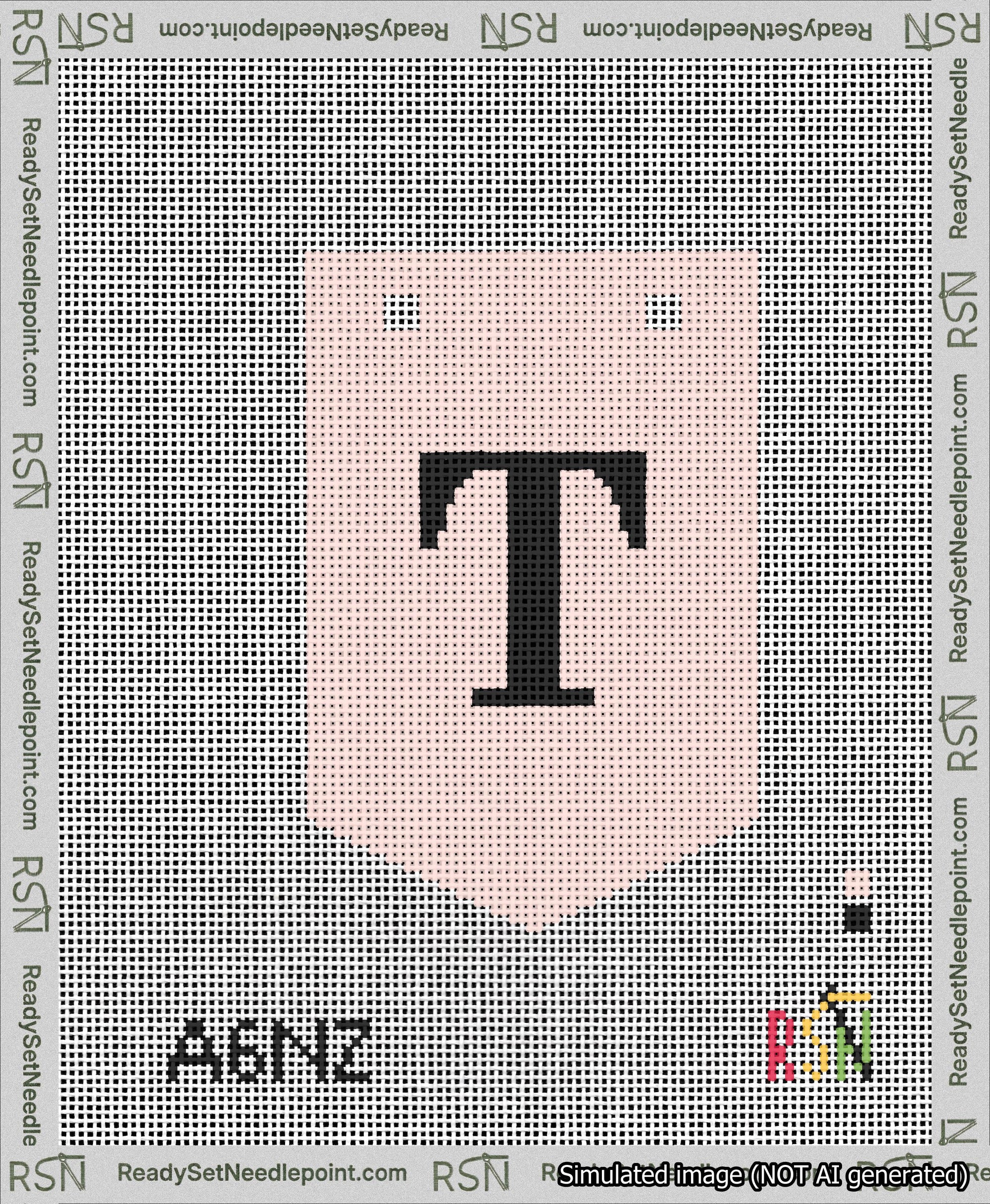 A taped needlepoint canvas with the design: Banner 13 mesh count Pointed T Black on Pink.