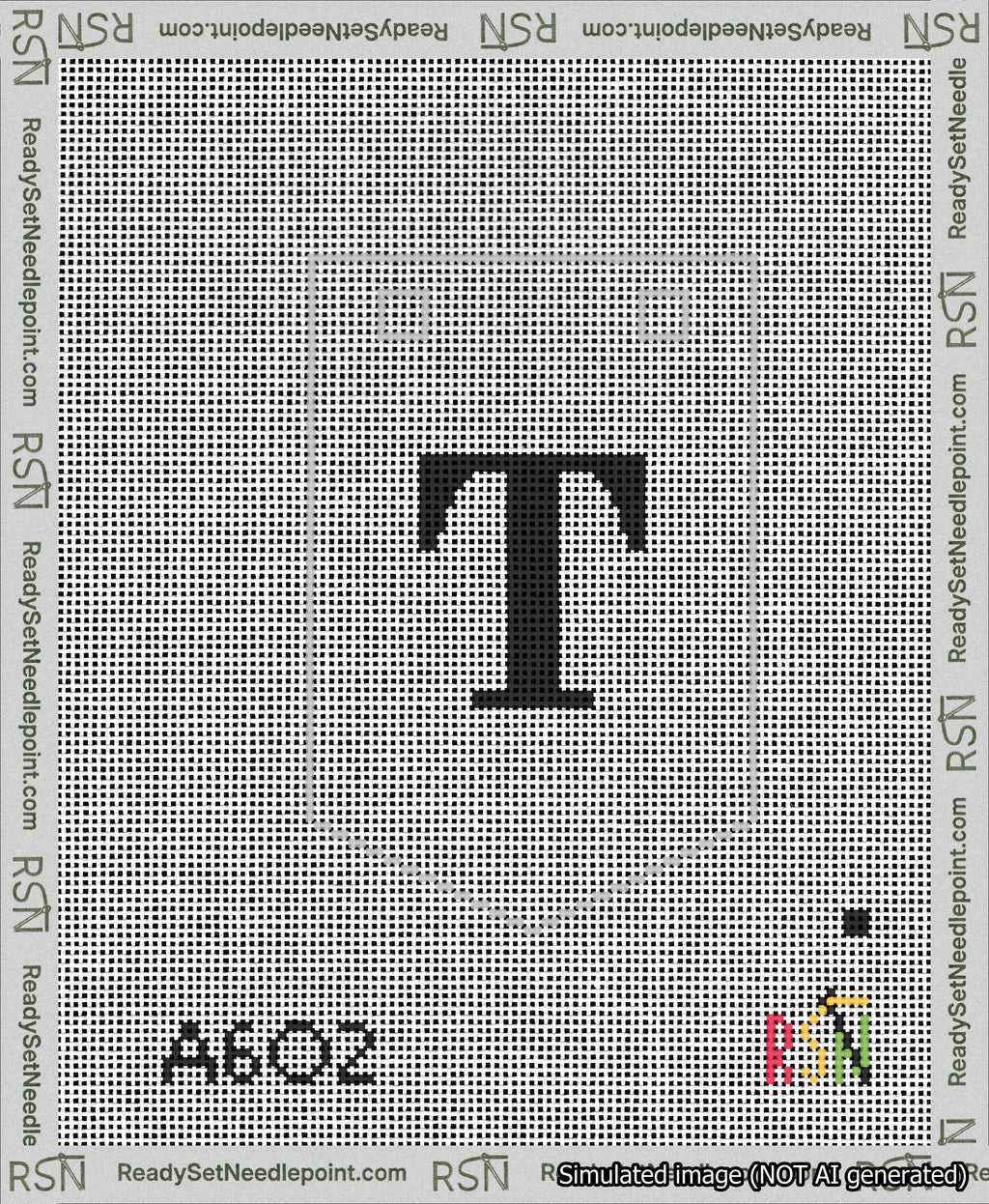 A taped needlepoint canvas with the design: Banner 13 mesh count Pointed T Black on White.