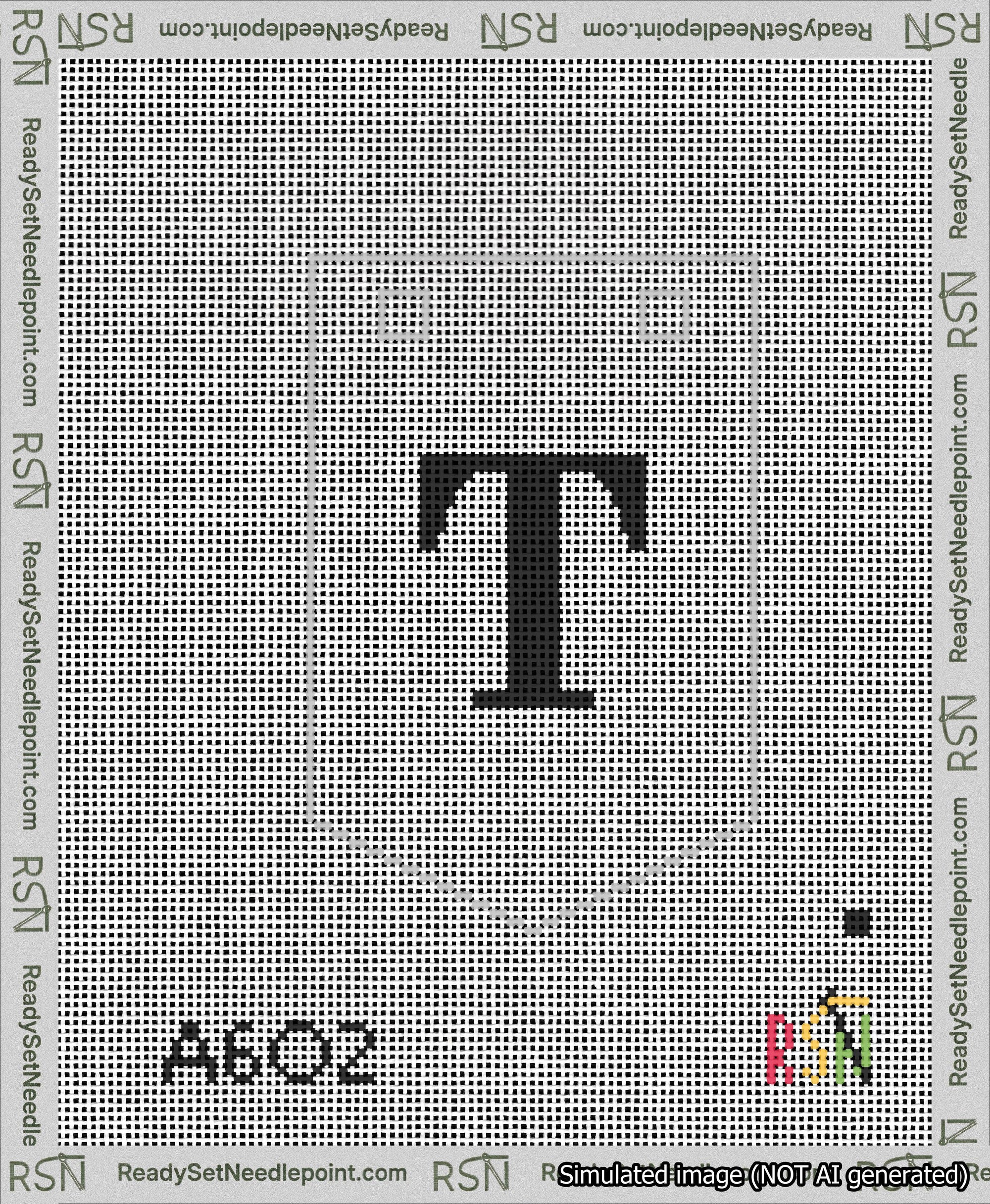 A taped needlepoint canvas with the design: Banner 13 mesh count Pointed T Black on White.