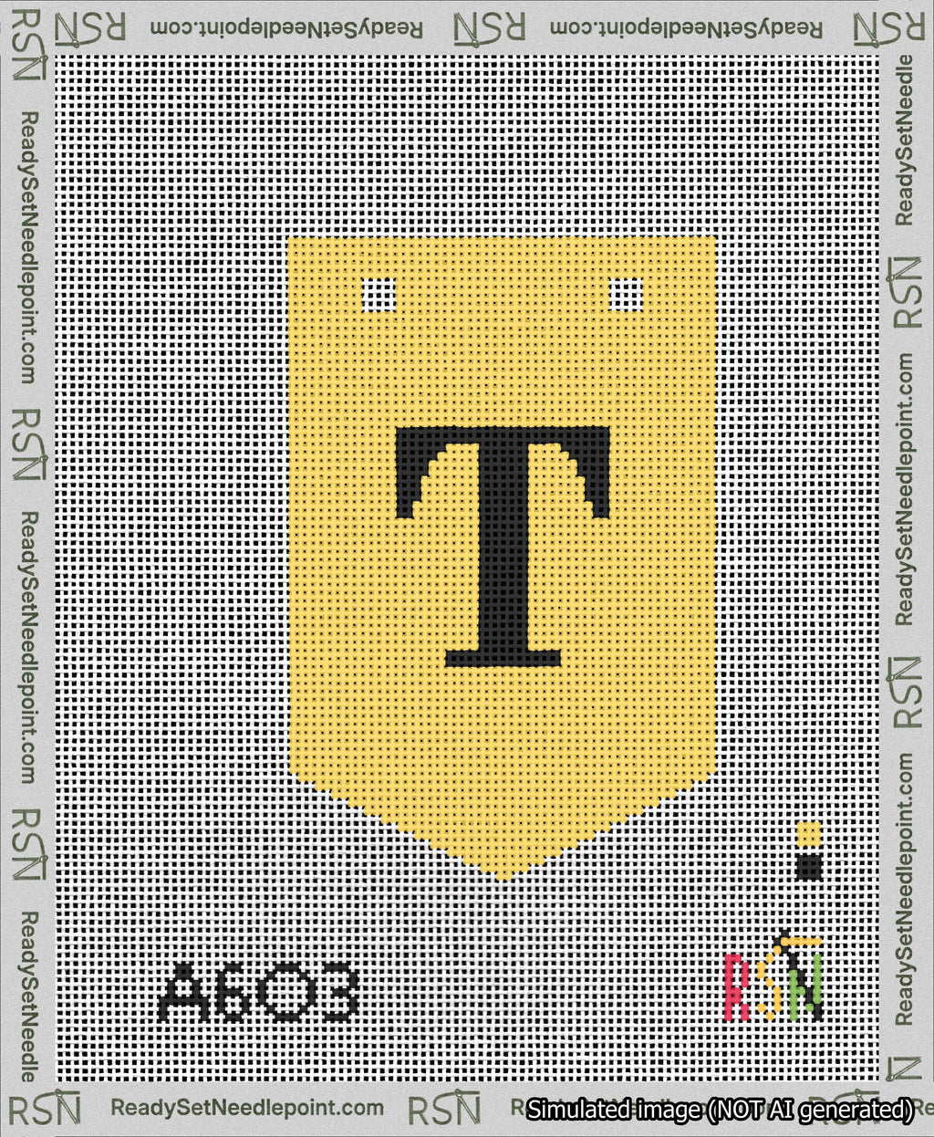 A taped needlepoint canvas with the design: Banner 13 mesh count Pointed T Black on Yellow.