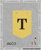 A taped needlepoint canvas with the design: Banner 13 mesh count Pointed T Black on Yellow.