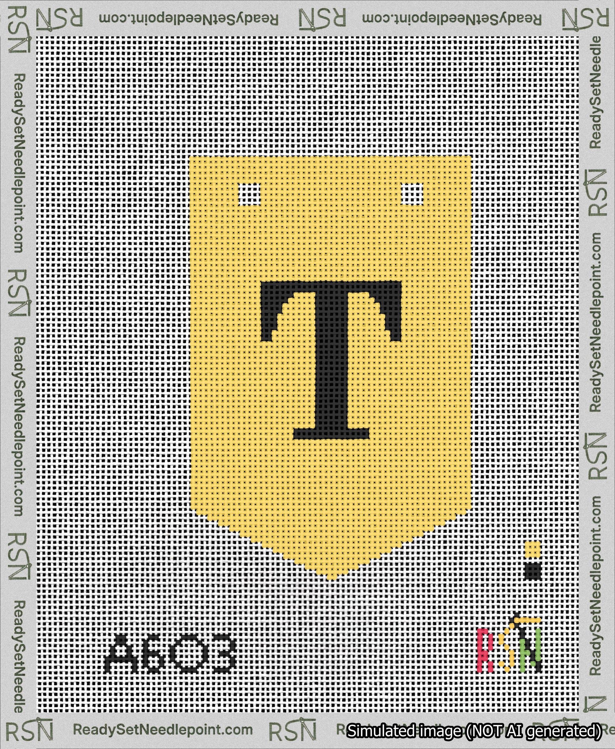 A taped needlepoint canvas with the design: Banner 13 mesh count Pointed T Black on Yellow.