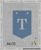 A taped needlepoint canvas with the design: Banner 13 mesh count Pointed T White on Blue.