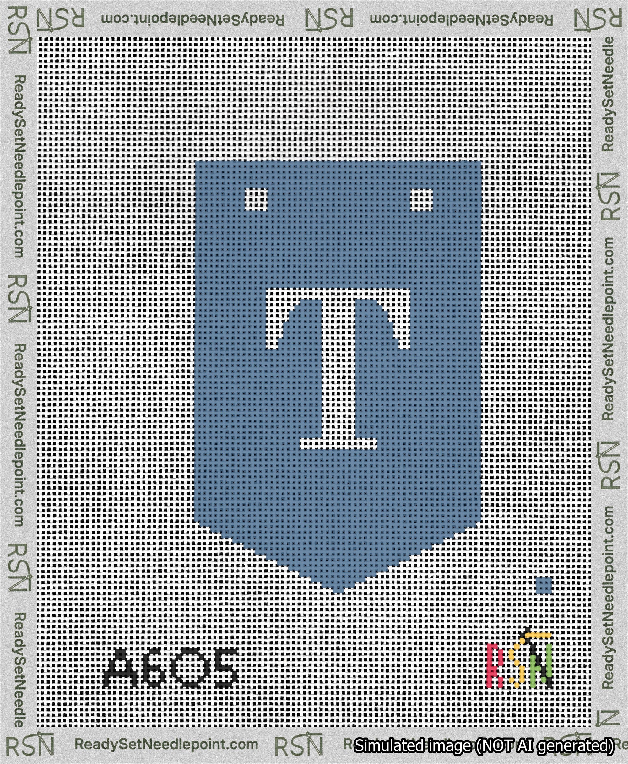 A taped needlepoint canvas with the design: Banner 13 mesh count Pointed T White on Blue.