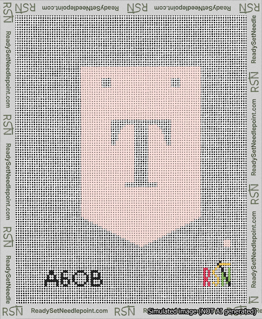 A taped needlepoint canvas with the design: Banner 13 mesh count Pointed T White on Pink.