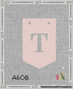 A taped needlepoint canvas with the design: Banner 13 mesh count Pointed T White on Pink.