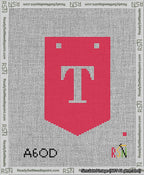 A taped needlepoint canvas with the design: Banner 13 mesh count Pointed T White on Red.
