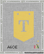 A taped needlepoint canvas with the design: Banner 13 mesh count Pointed T White on Yellow.