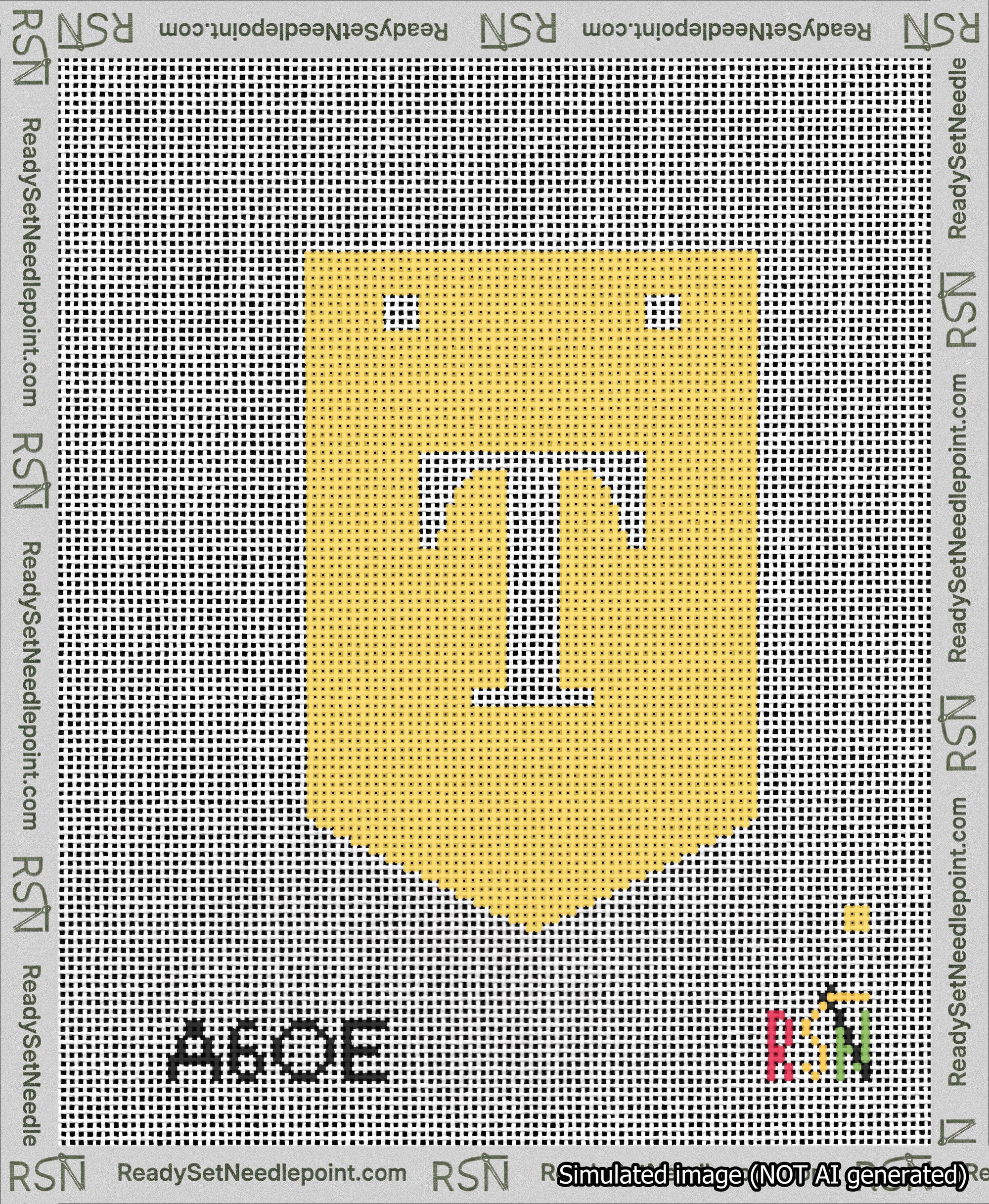 A taped needlepoint canvas with the design: Banner 13 mesh count Pointed T White on Yellow.