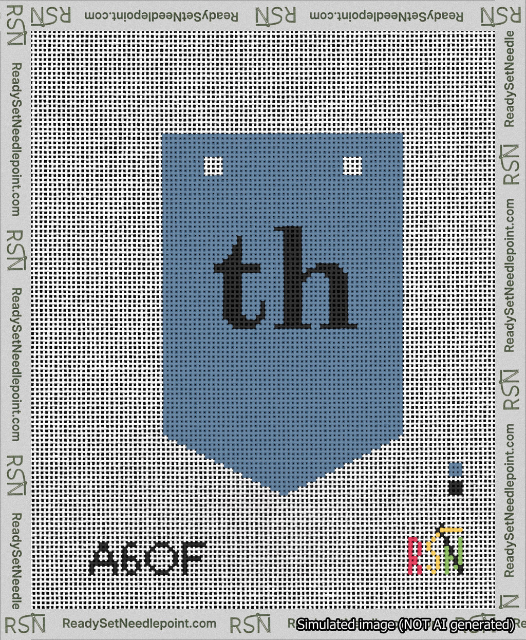 A taped needlepoint canvas with the design: Banner 13 mesh count Pointed th Black on Blue.