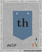 A taped needlepoint canvas with the design: Banner 13 mesh count Pointed th Black on Blue.