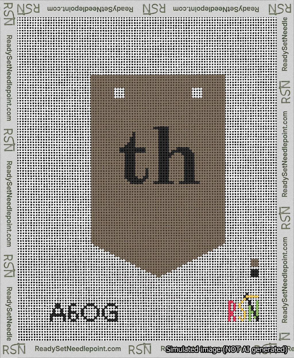 A taped needlepoint canvas with the design: Banner 13 mesh count Pointed th Black on Brown.