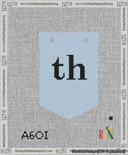 A taped needlepoint canvas with the design: Banner 13 mesh count Pointed th Black on Light Blue.