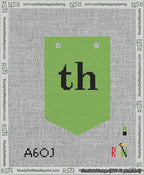 A taped needlepoint canvas with the design: Banner 13 mesh count Pointed th Black on Light Green.