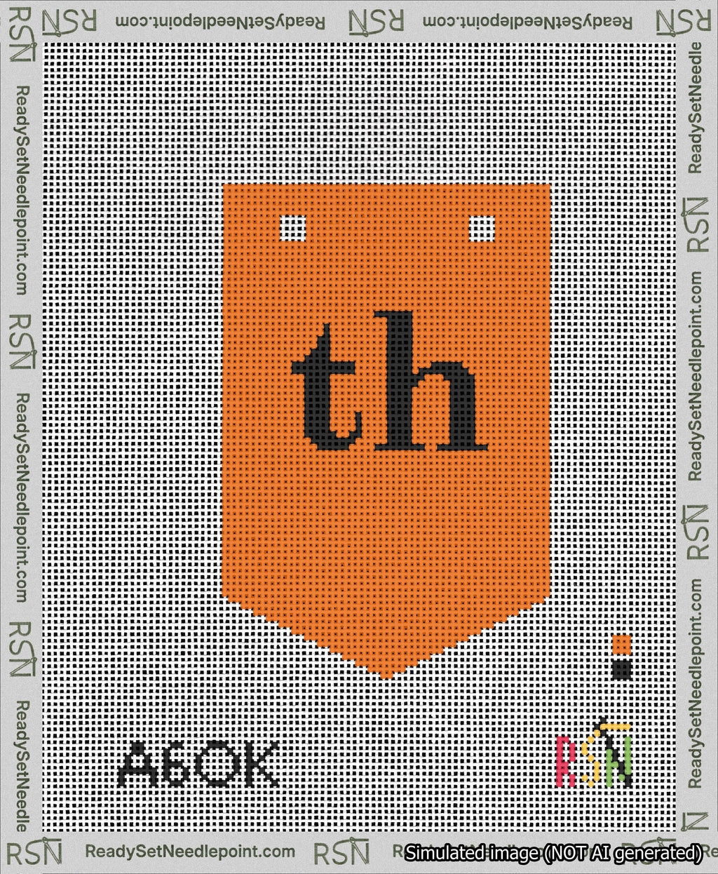 A taped needlepoint canvas with the design: Banner 13 mesh count Pointed th Black on Orange.