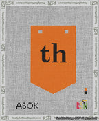 A taped needlepoint canvas with the design: Banner 13 mesh count Pointed th Black on Orange.