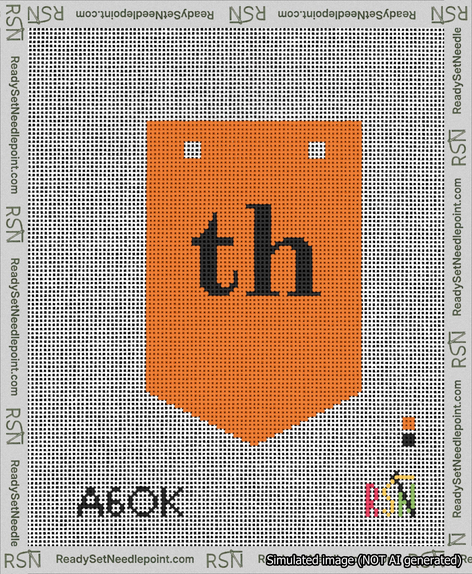 A taped needlepoint canvas with the design: Banner 13 mesh count Pointed th Black on Orange.