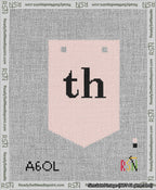A taped needlepoint canvas with the design: Banner 13 mesh count Pointed th Black on Pink.