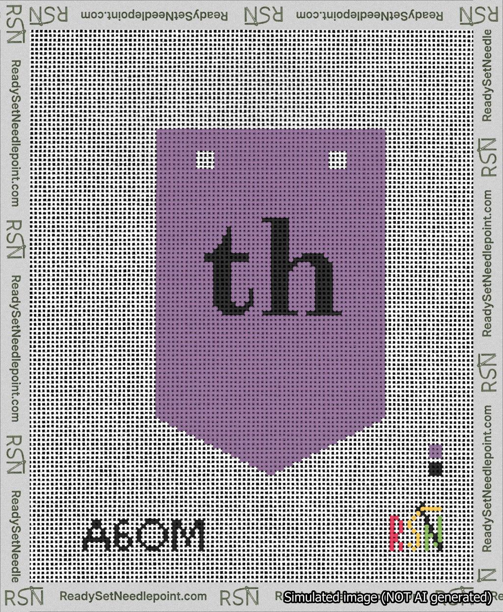A taped needlepoint canvas with the design: Banner 13 mesh count Pointed th Black on Purple.