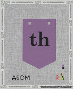 A taped needlepoint canvas with the design: Banner 13 mesh count Pointed th Black on Purple.