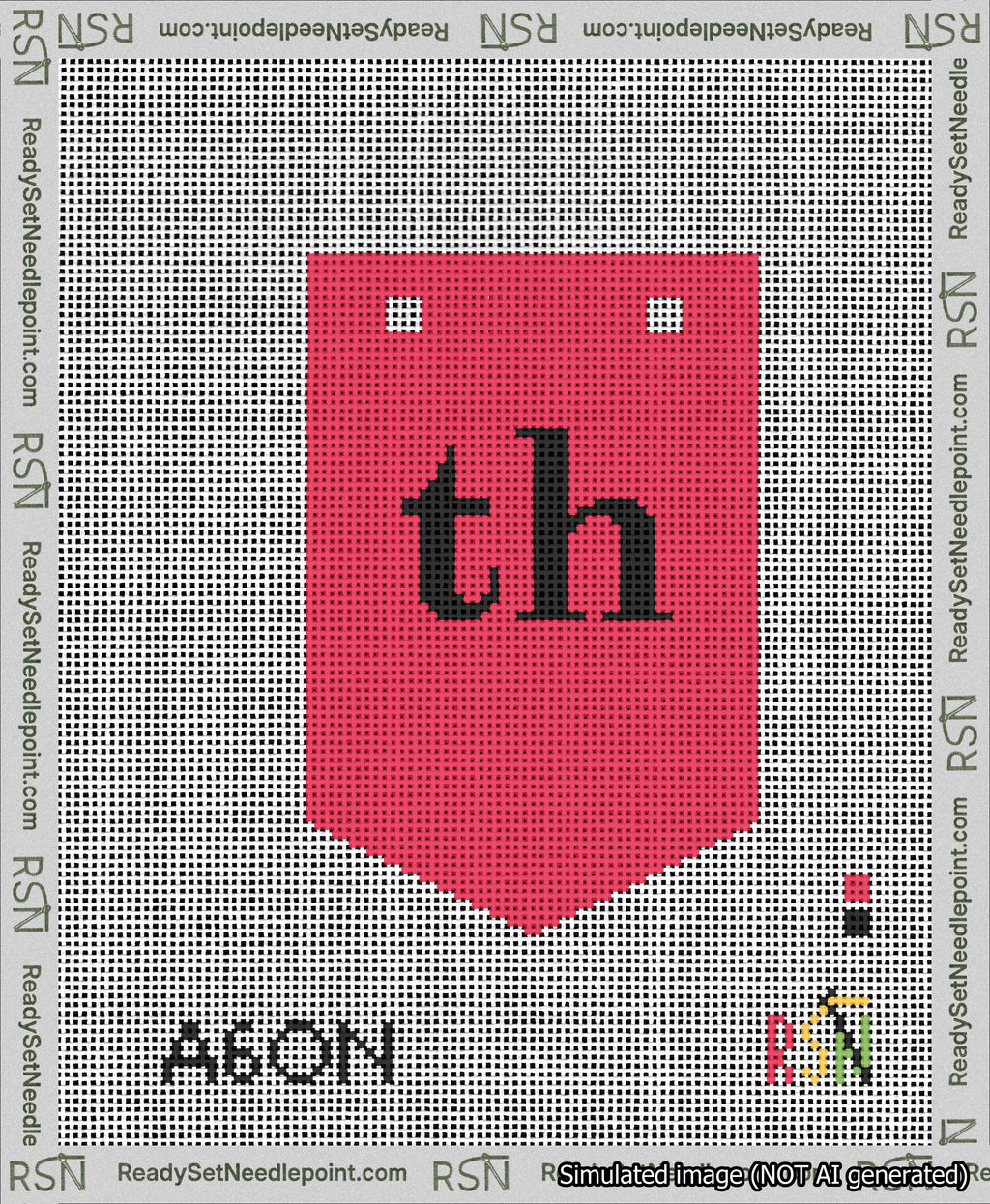 A taped needlepoint canvas with the design: Banner 13 mesh count Pointed th Black on Red.