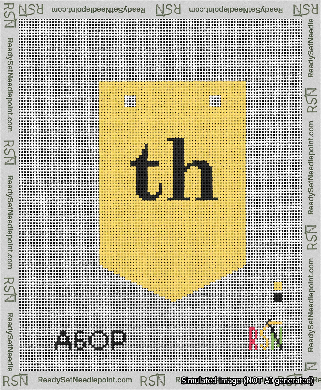 A taped needlepoint canvas with the design: Banner 13 mesh count Pointed th Black on Yellow.