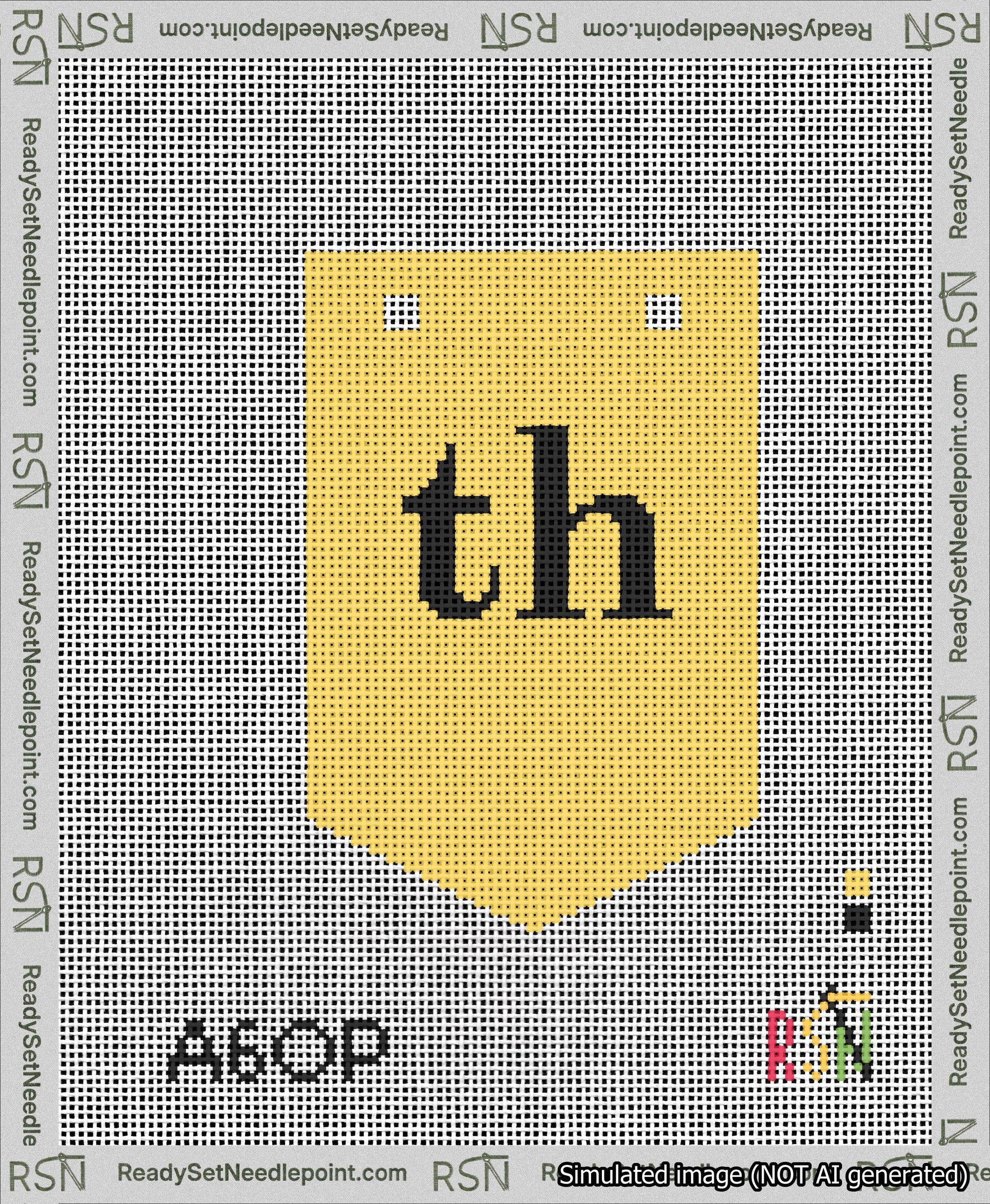 A taped needlepoint canvas with the design: Banner 13 mesh count Pointed th Black on Yellow.