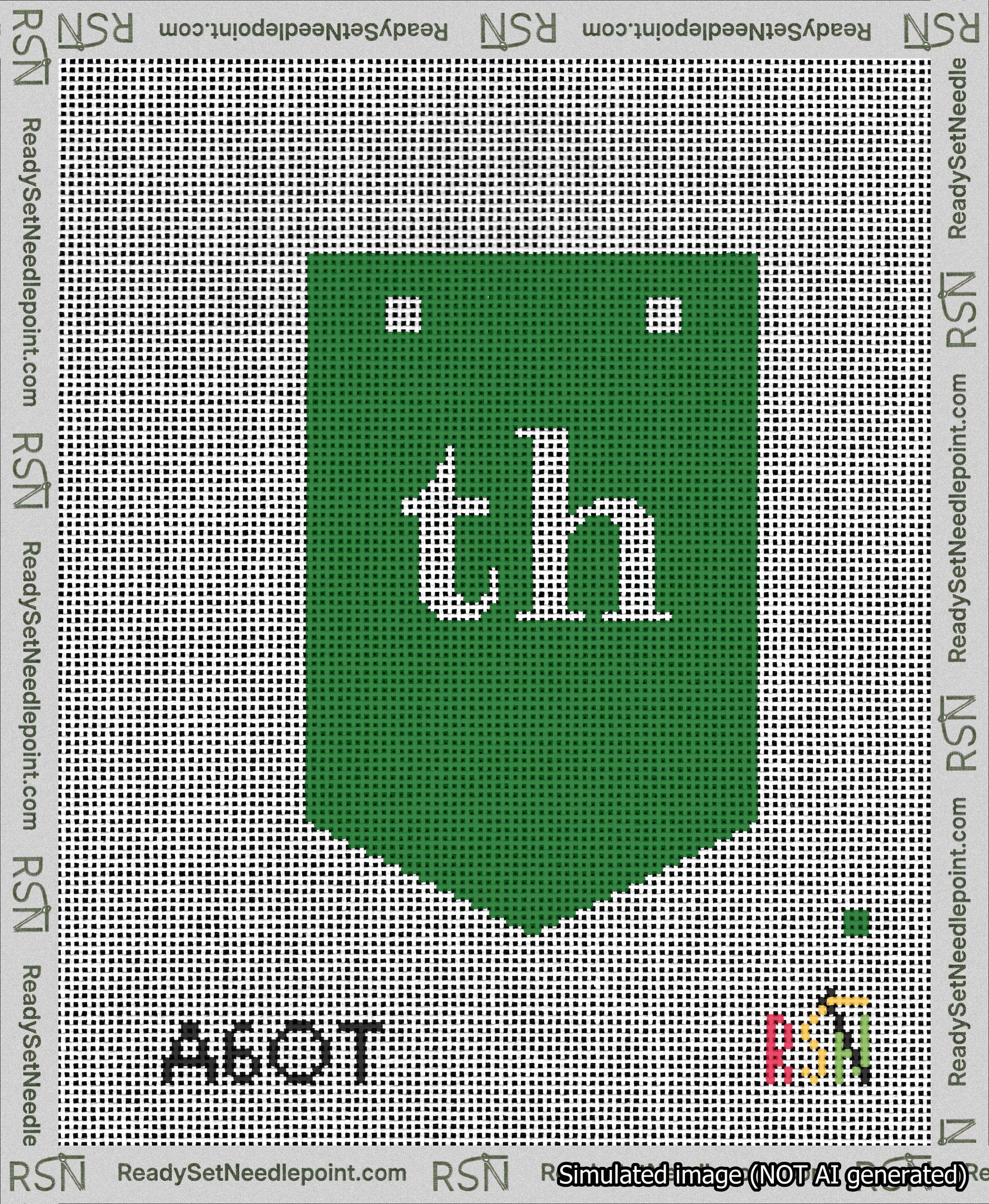A taped needlepoint canvas with the design: Banner 13 mesh count Pointed th White on Green.