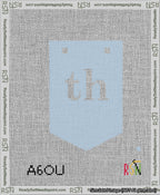 A taped needlepoint canvas with the design: Banner 13 mesh count Pointed th White on Light Blue.