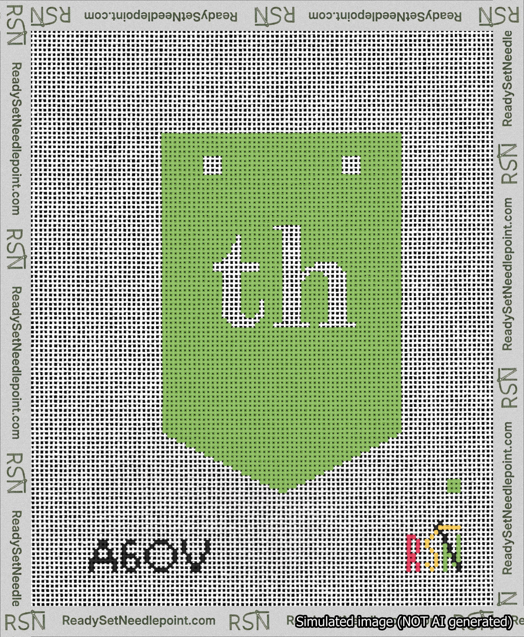 A taped needlepoint canvas with the design: Banner 13 mesh count Pointed th White on Light Green.
