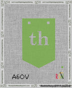 A taped needlepoint canvas with the design: Banner 13 mesh count Pointed th White on Light Green.