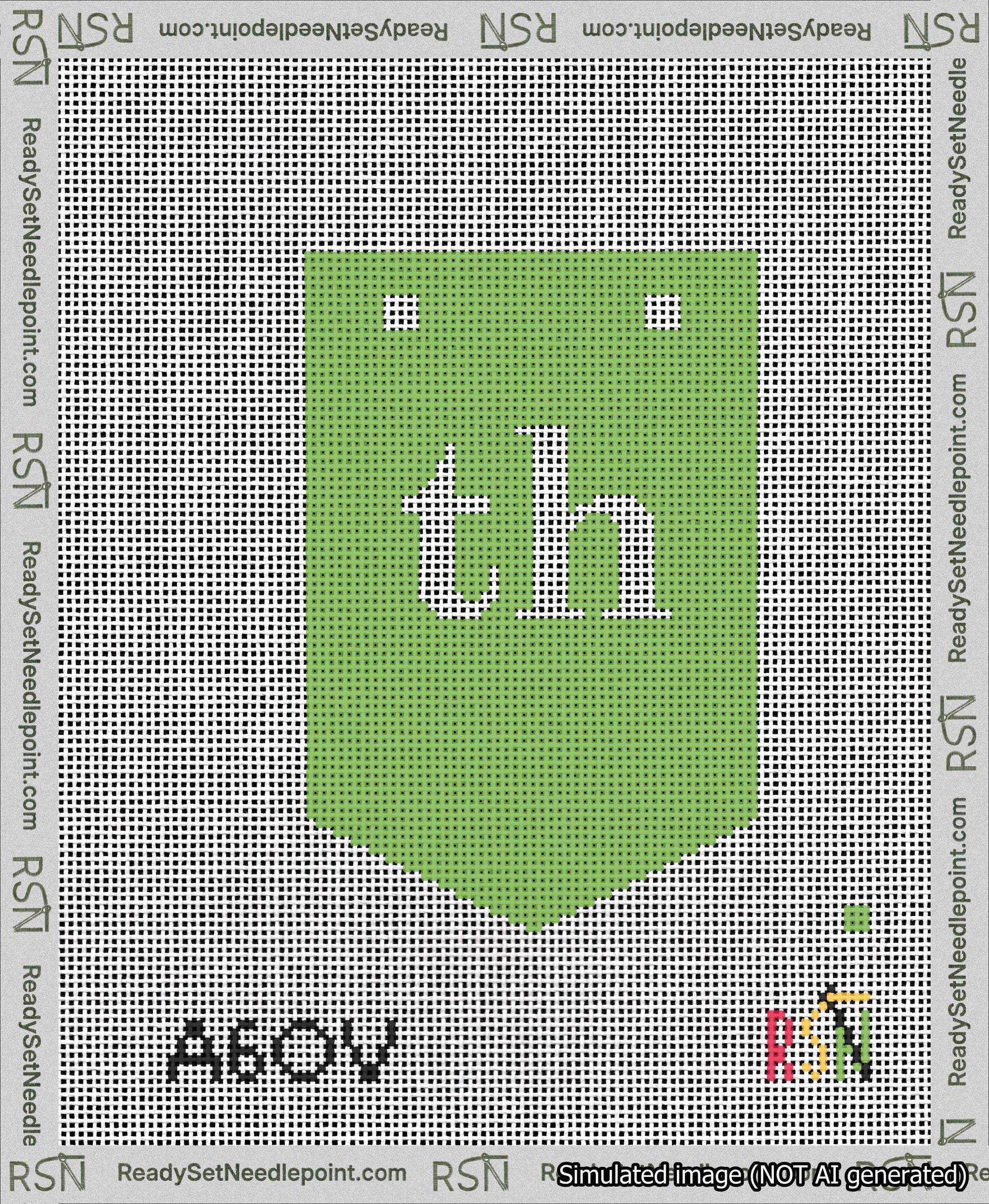 A taped needlepoint canvas with the design: Banner 13 mesh count Pointed th White on Light Green.
