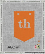 A taped needlepoint canvas with the design: Banner 13 mesh count Pointed th White on Orange.