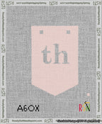 A taped needlepoint canvas with the design: Banner 13 mesh count Pointed th White on Pink.