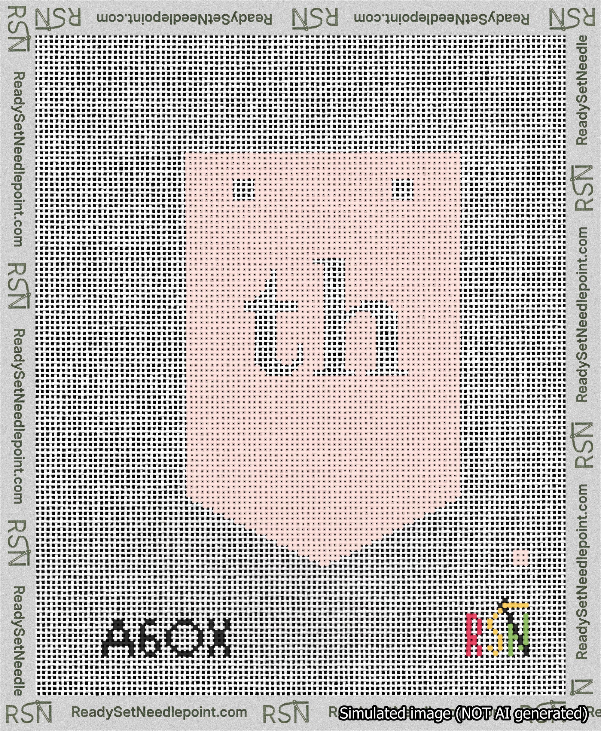 A taped needlepoint canvas with the design: Banner 13 mesh count Pointed th White on Pink.