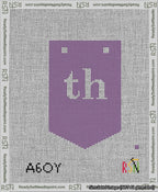 A taped needlepoint canvas with the design: Banner 13 mesh count Pointed th White on Purple.
