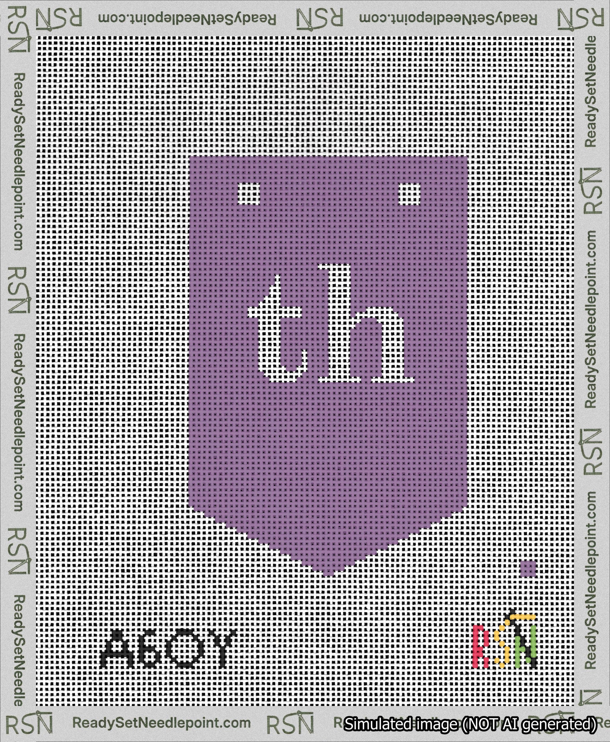 A taped needlepoint canvas with the design: Banner 13 mesh count Pointed th White on Purple.