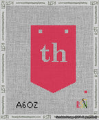 A taped needlepoint canvas with the design: Banner 13 mesh count Pointed th White on Red.