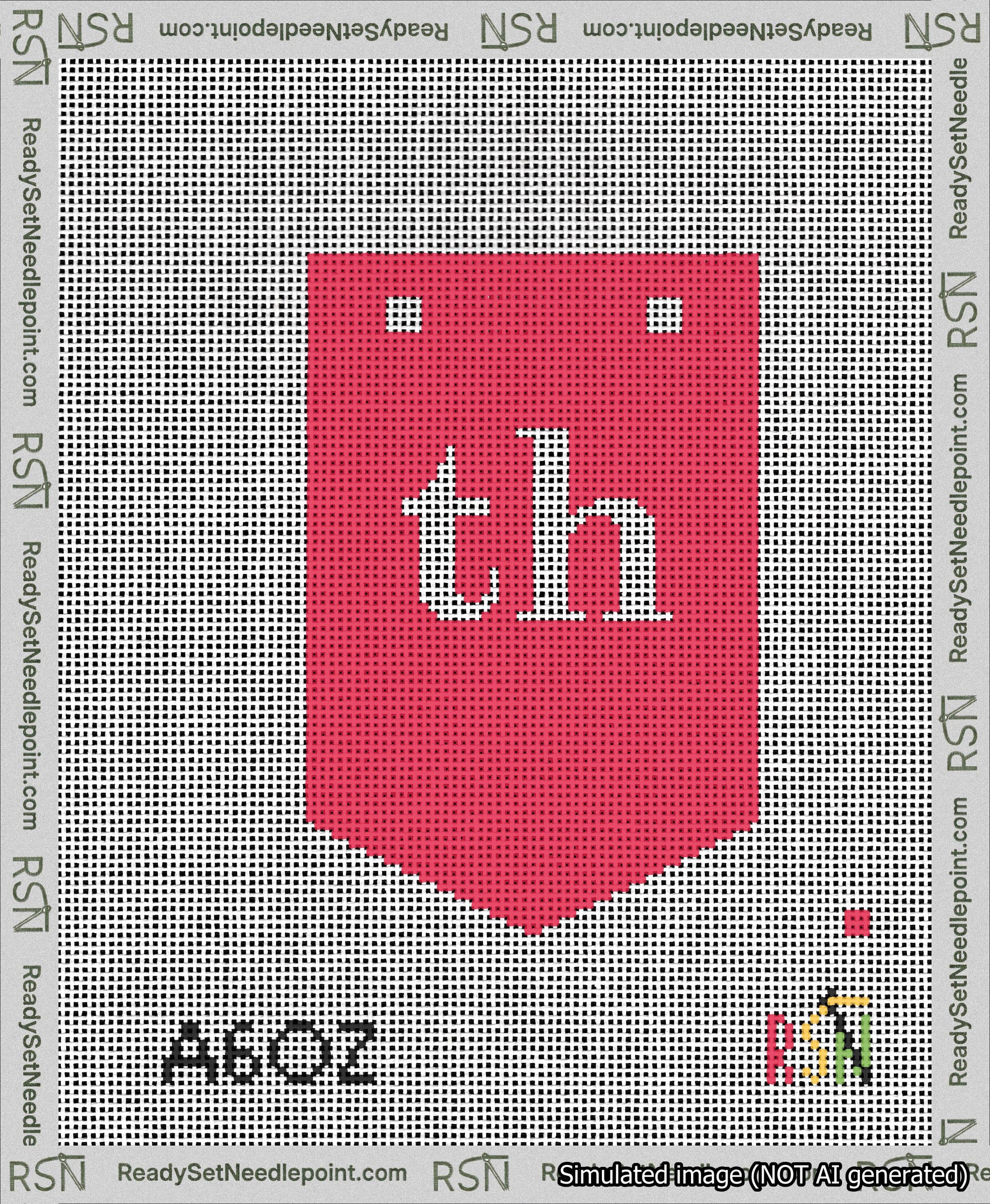 A taped needlepoint canvas with the design: Banner 13 mesh count Pointed th White on Red.