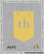 A taped needlepoint canvas with the design: Banner 13 mesh count Pointed th White on Yellow.