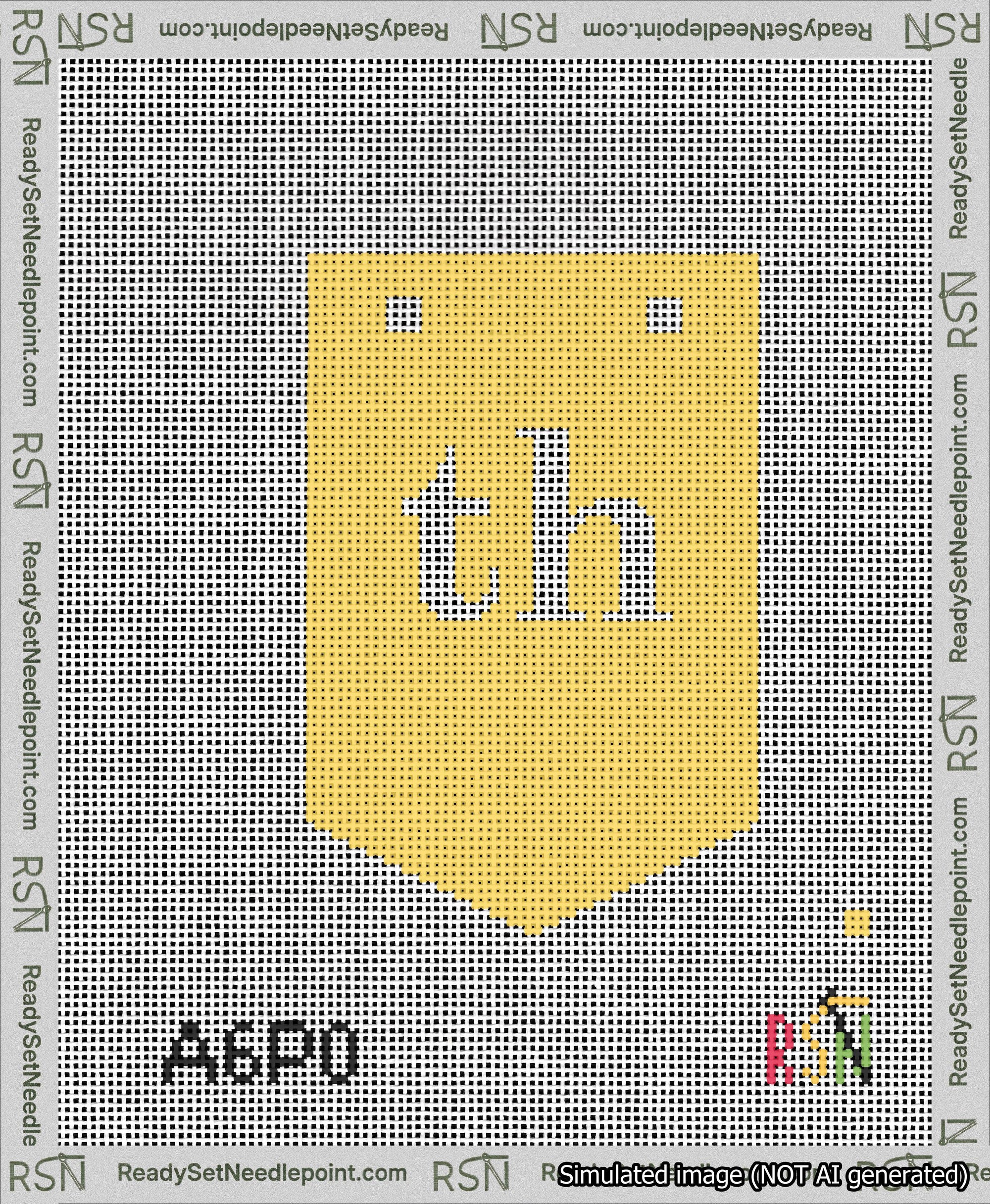 A taped needlepoint canvas with the design: Banner 13 mesh count Pointed th White on Yellow.