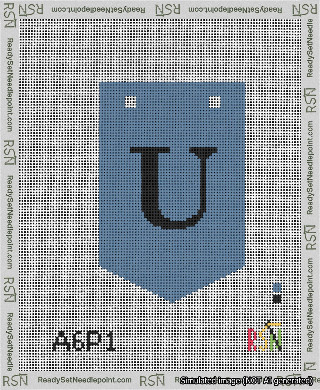 A taped needlepoint canvas with the design: Banner 13 mesh count Pointed U Black on Blue.