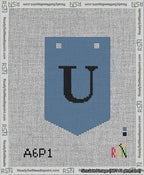 A taped needlepoint canvas with the design: Banner 13 mesh count Pointed U Black on Blue.