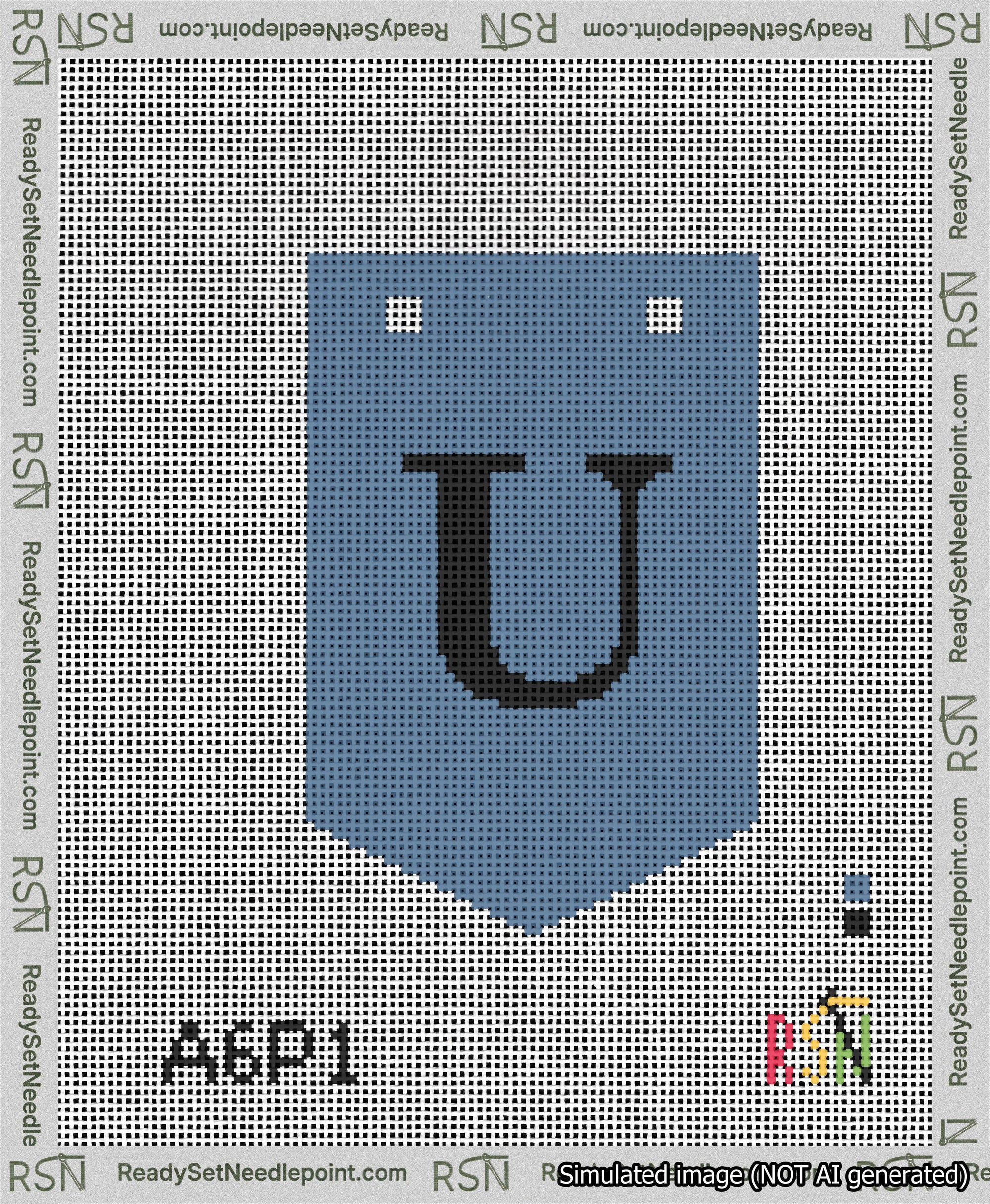 A taped needlepoint canvas with the design: Banner 13 mesh count Pointed U Black on Blue.