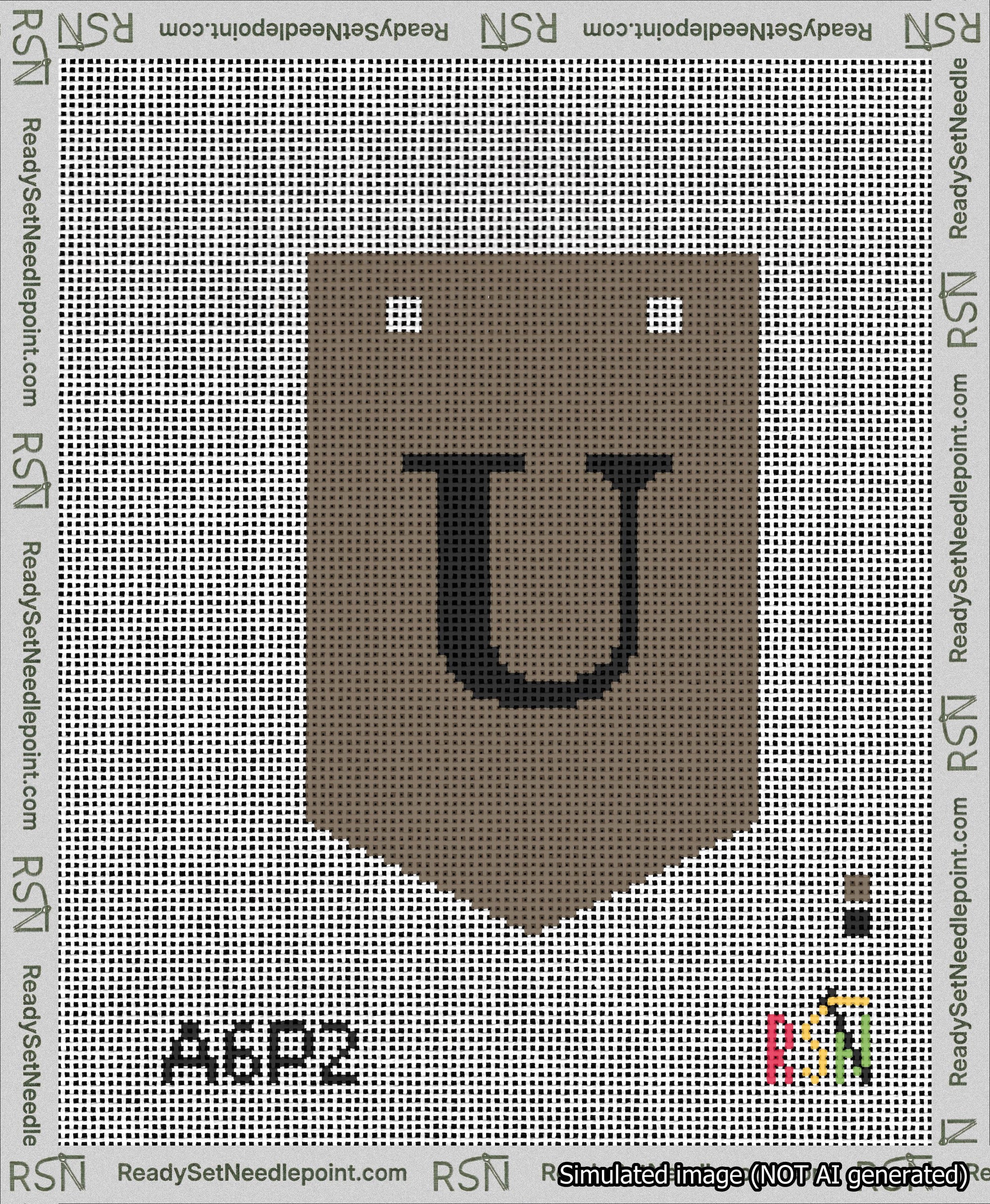 A taped needlepoint canvas with the design: Banner 13 mesh count Pointed U Black on Brown.