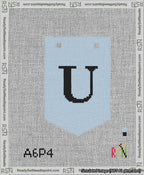 A taped needlepoint canvas with the design: Banner 13 mesh count Pointed U Black on Light Blue.