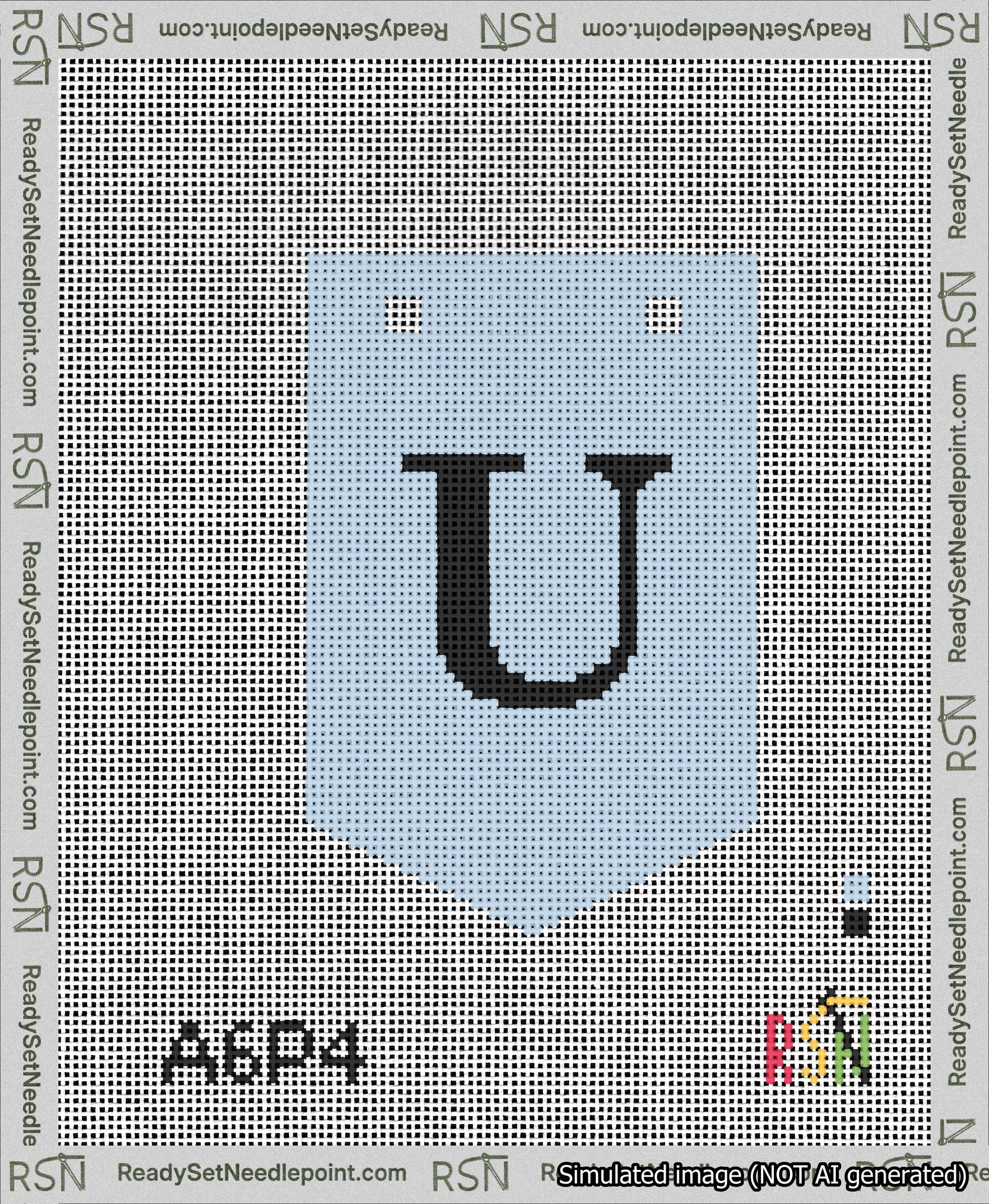 A taped needlepoint canvas with the design: Banner 13 mesh count Pointed U Black on Light Blue.