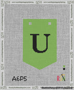 A taped needlepoint canvas with the design: Banner 13 mesh count Pointed U Black on Light Green.
