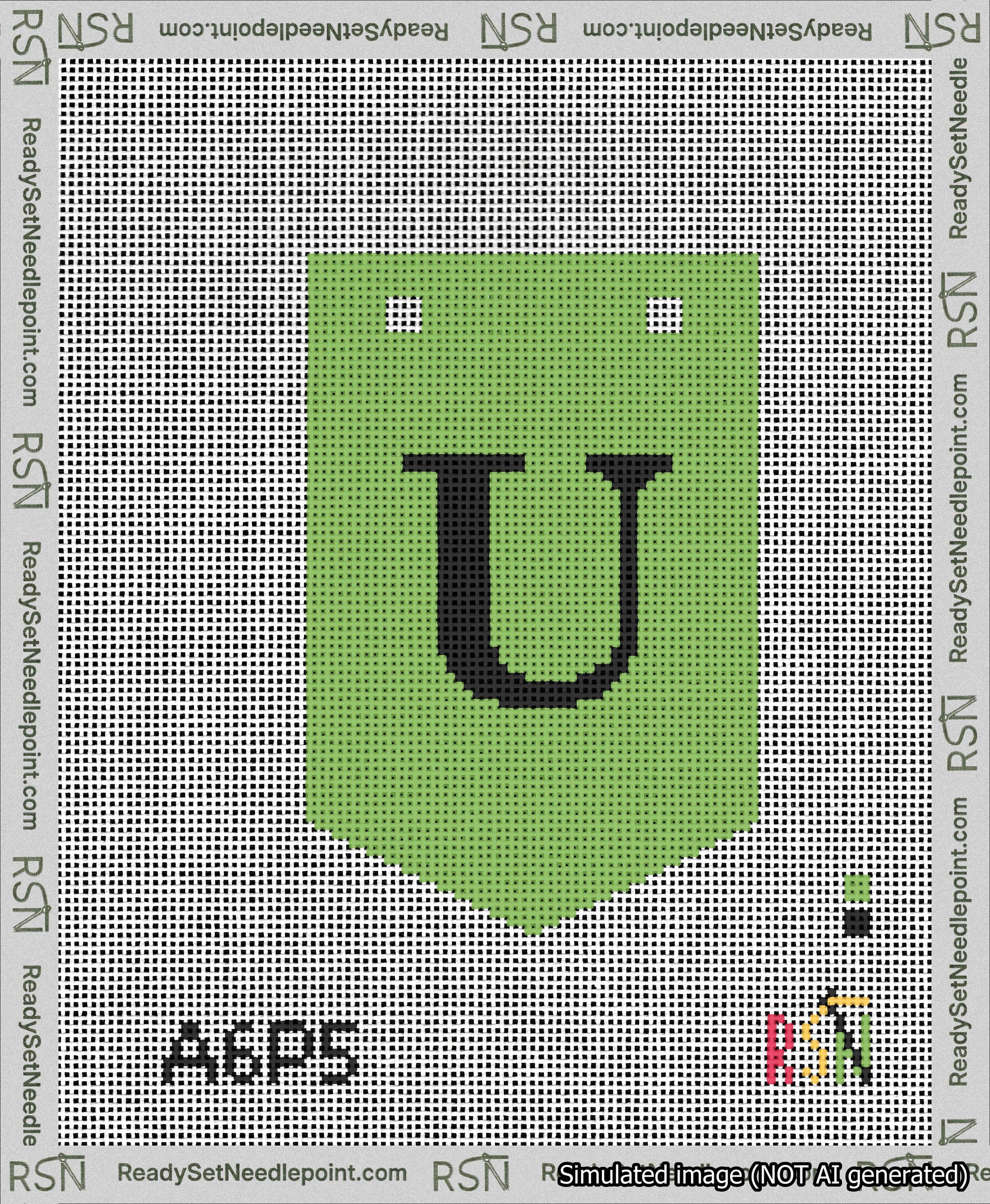 A taped needlepoint canvas with the design: Banner 13 mesh count Pointed U Black on Light Green.